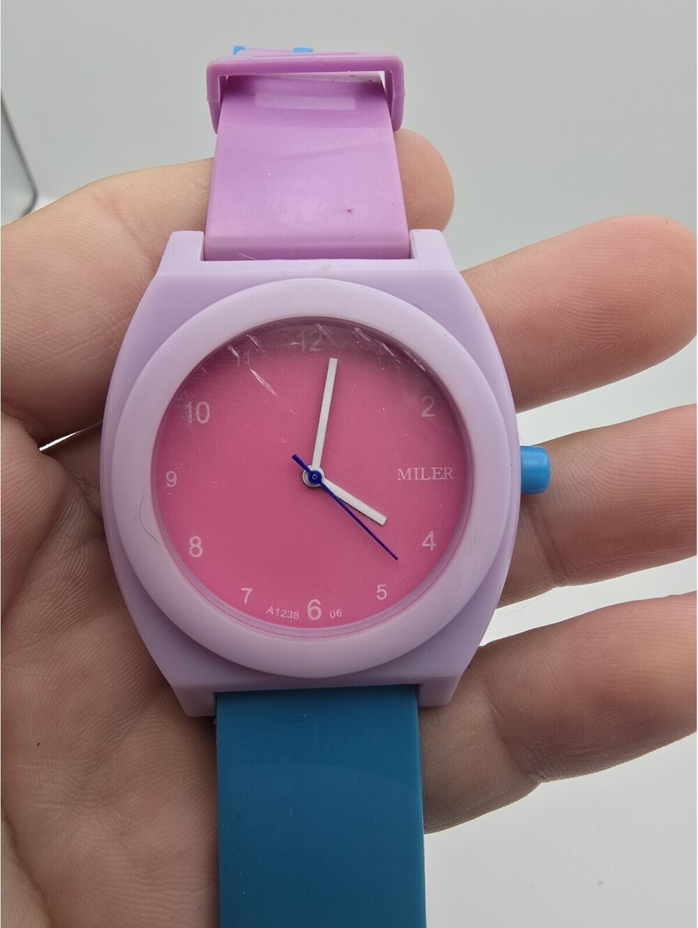Miler A1238 Pink Dial Lavender Case Purple Teal Silicone Band Watch